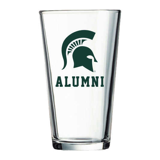16 ounce pint glass with a green Spartan Helmet logo and green text that reads "Alumni" on the front.
