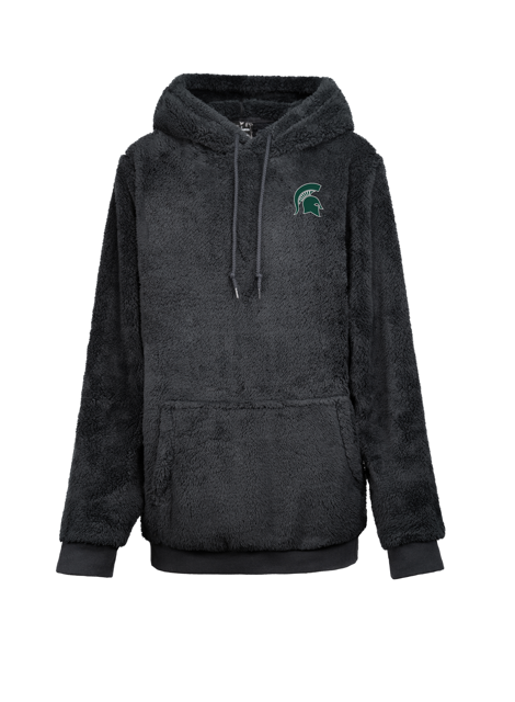 A black hoodie with a hood, featuring a small green and white Spartan helmet logo on the upper left front side.
