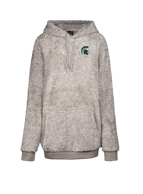 A gray hoodie with a hood, featuring a small green and white Spartan helmet logo on the upper left front side.