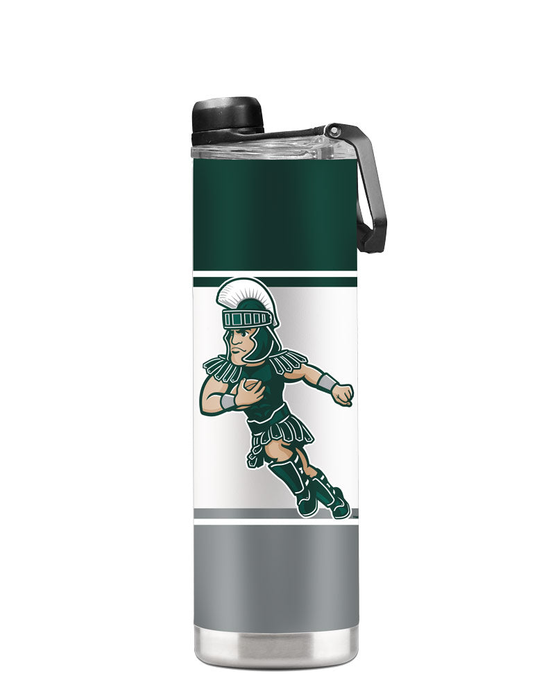 A green, white, and gray striped water bottle with a Football Sparty logo.