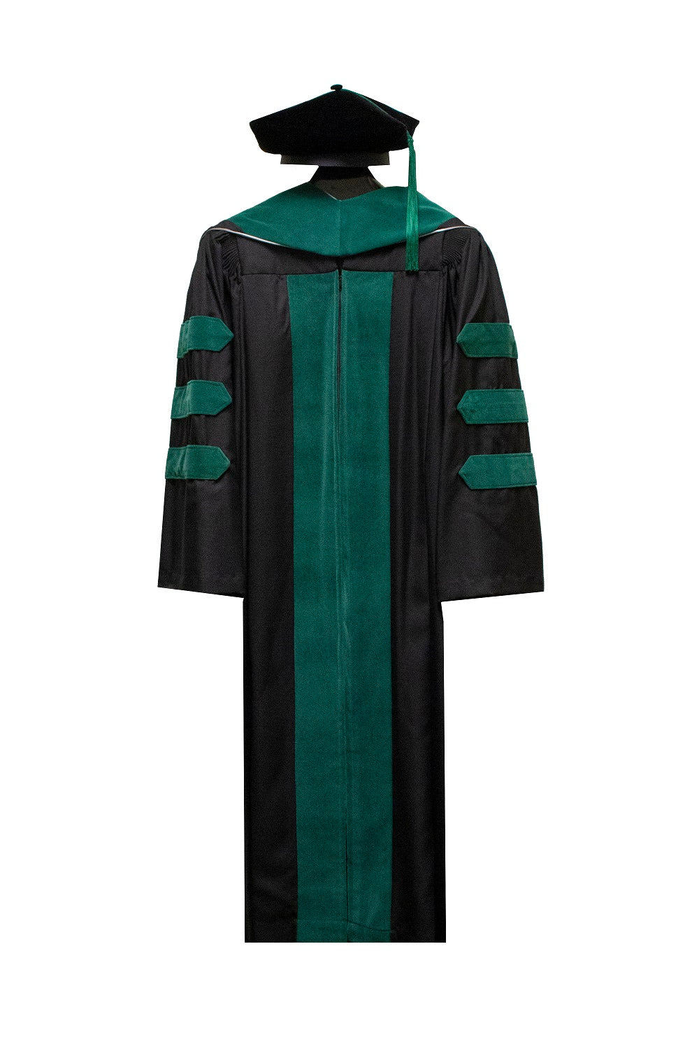 Human Medicine faculty or guest black and green velvet doctoral gown. The black velvet doctoral hood has an elastic banded velveteen tam with a gold tassel.