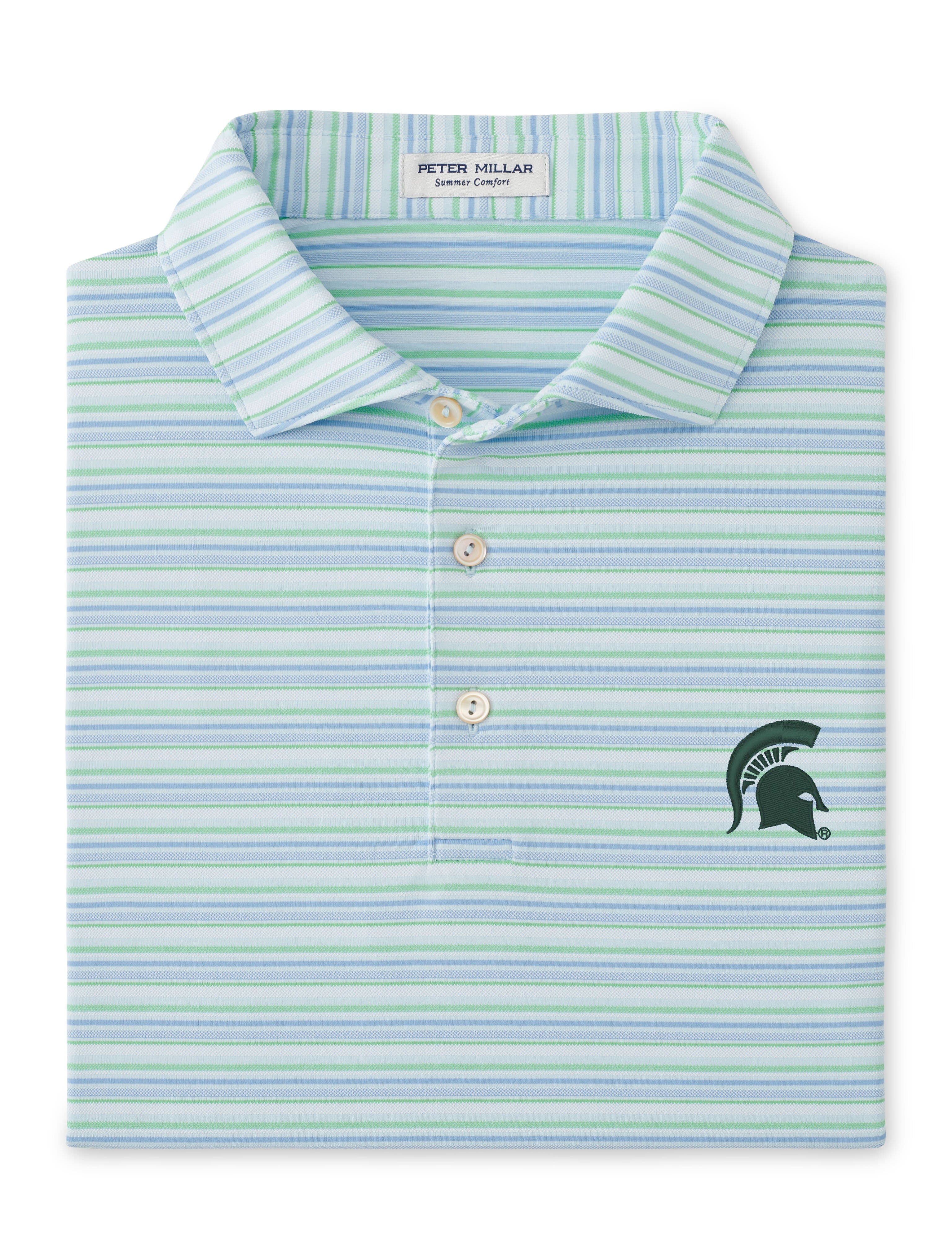 Green, blue, and white striped polo with white three buttons and a dark green Spartan Helmet logo embroidered on the upper left chest. Shown on a white background.