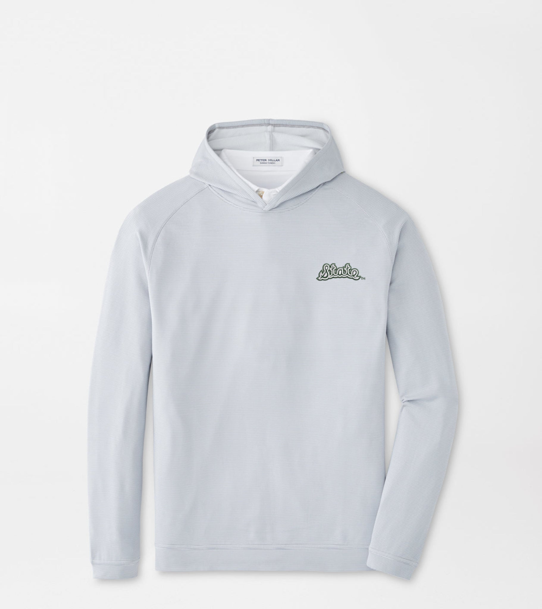 Light gray hoodie with a cursive state logo on left chest.
