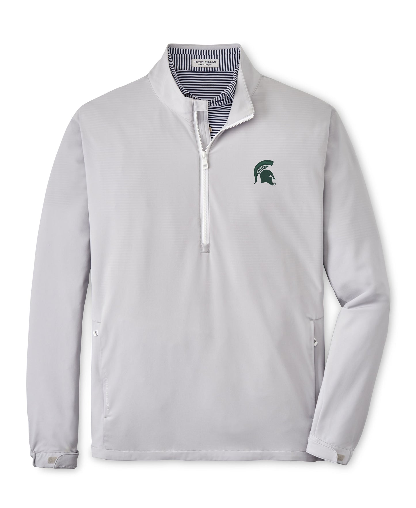A gray quarter-zip pullover with a Spartan Helmet logo on the left chest area, featuring a striped collar and a zipper pocket on each side.