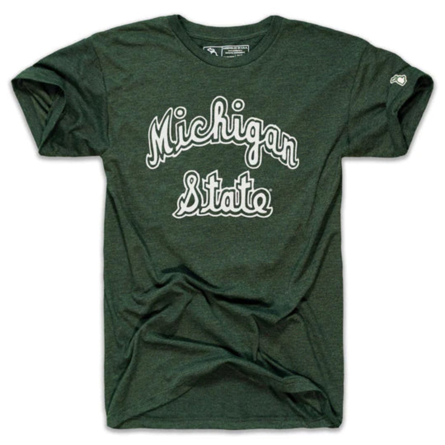 Dark green short-sleeve T-shirt with "Michigan State" written in white cursive lettering on the front. Made of soft fabric, featuring a small logo on the left sleeve near the hem.
