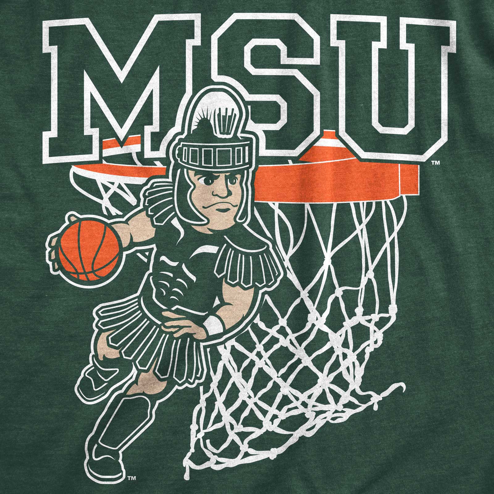 A green shirt with a design showing Sparty playing basketball below large text that reads "MSU."