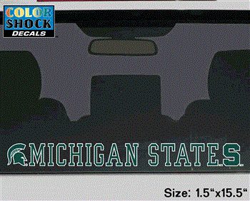 Color shock decal that has the Spartan Helmet then the words 'MICHIGAN STATE' then a block S, all in green and outlined in white.