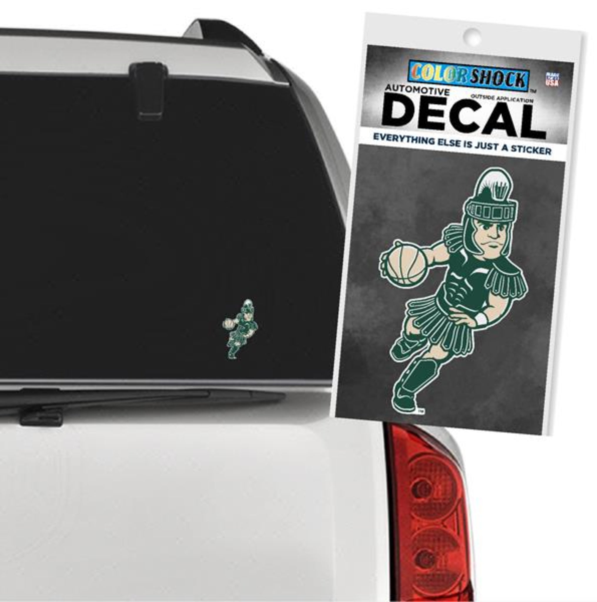 A car decal of Sparty playing basketball.