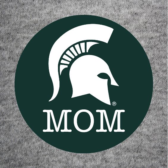 Green button with a white Spartan Helmet logo and "Mom" written in all caps underneath.