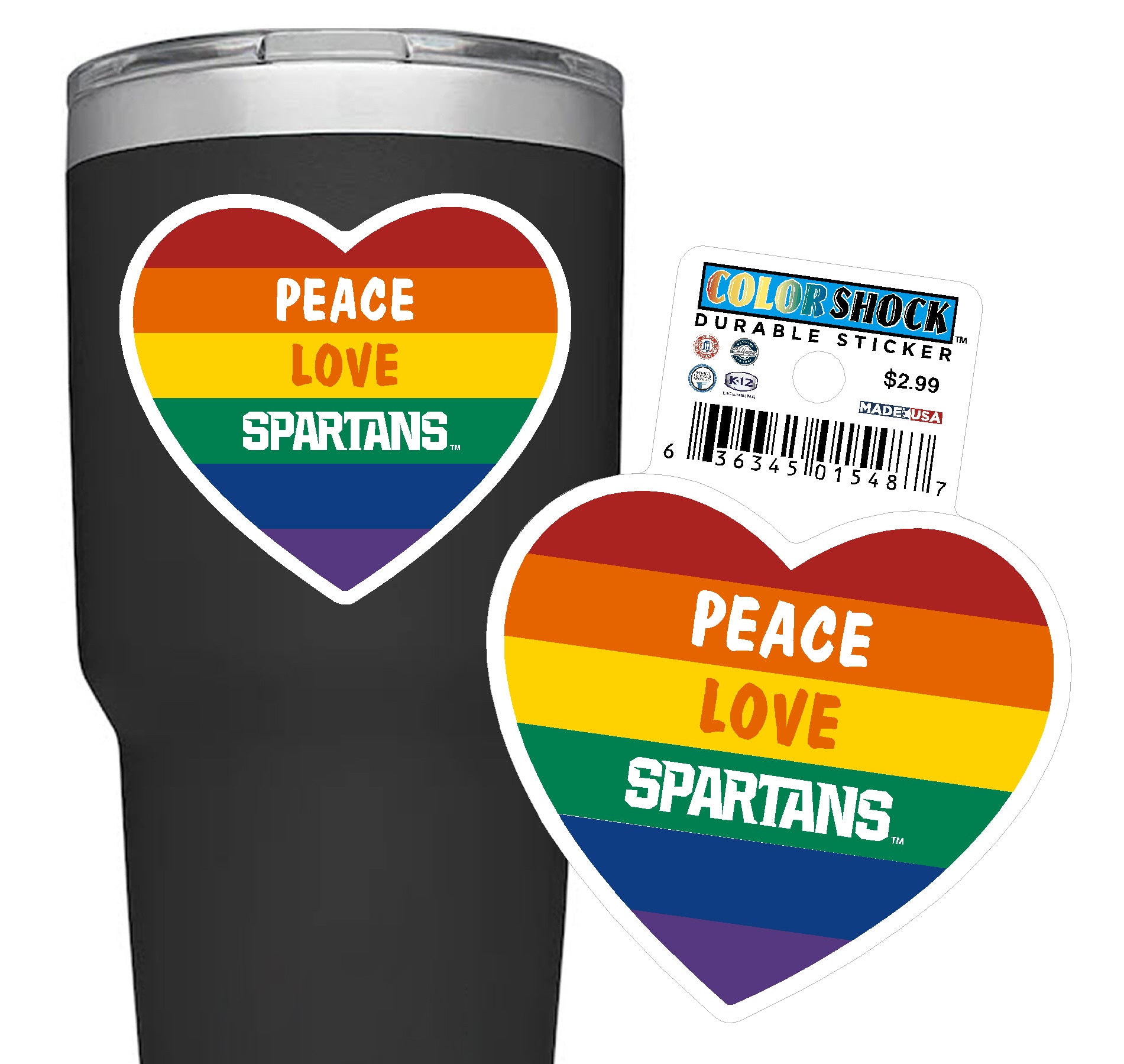 Heart shape sticker with red, orange, yellow, green, blue, and purple stripes. On the orange stripe there is white text that spells out "Peace." On the yellow stripe there is orange text that spells out "Love." On the green stripe there is white text that spells out "Spartans." Around the heart sticker is a white heart shaped border.