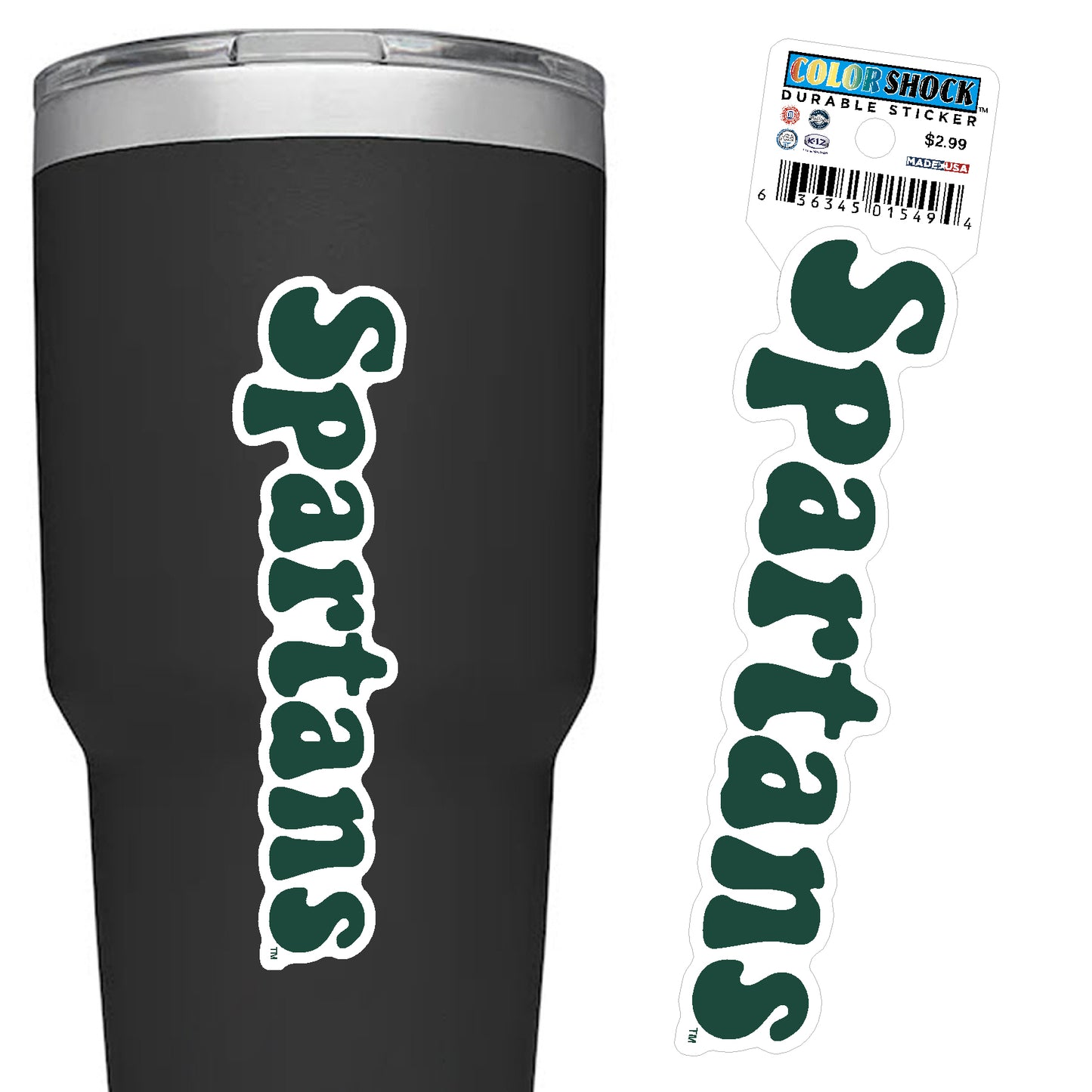 Green and white sticker that spells out Spartans. The letters are in green and outlined in white.