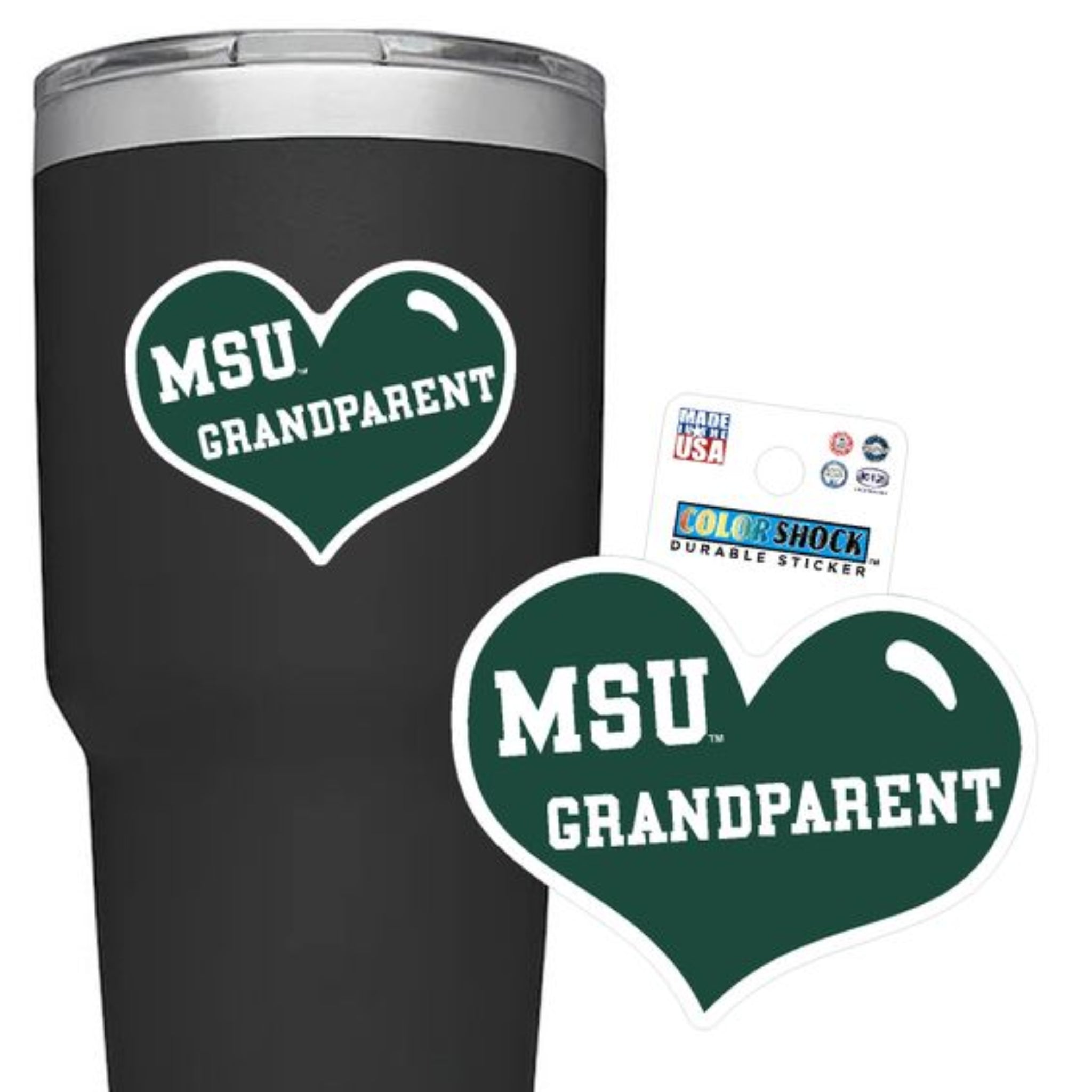 A green heart shaped sticker that says 'MSU Grandparent' in center of sticker in white lettering.