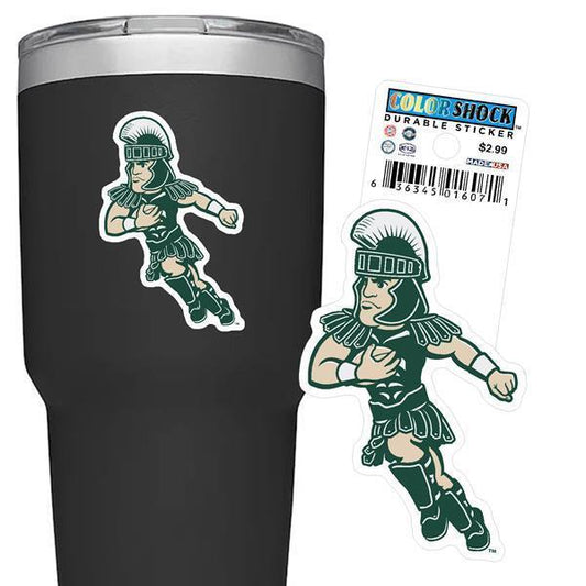 Green, white, and beige sticker shaped like the MSU mascot, Sparty, running while holding a football in his left hand.