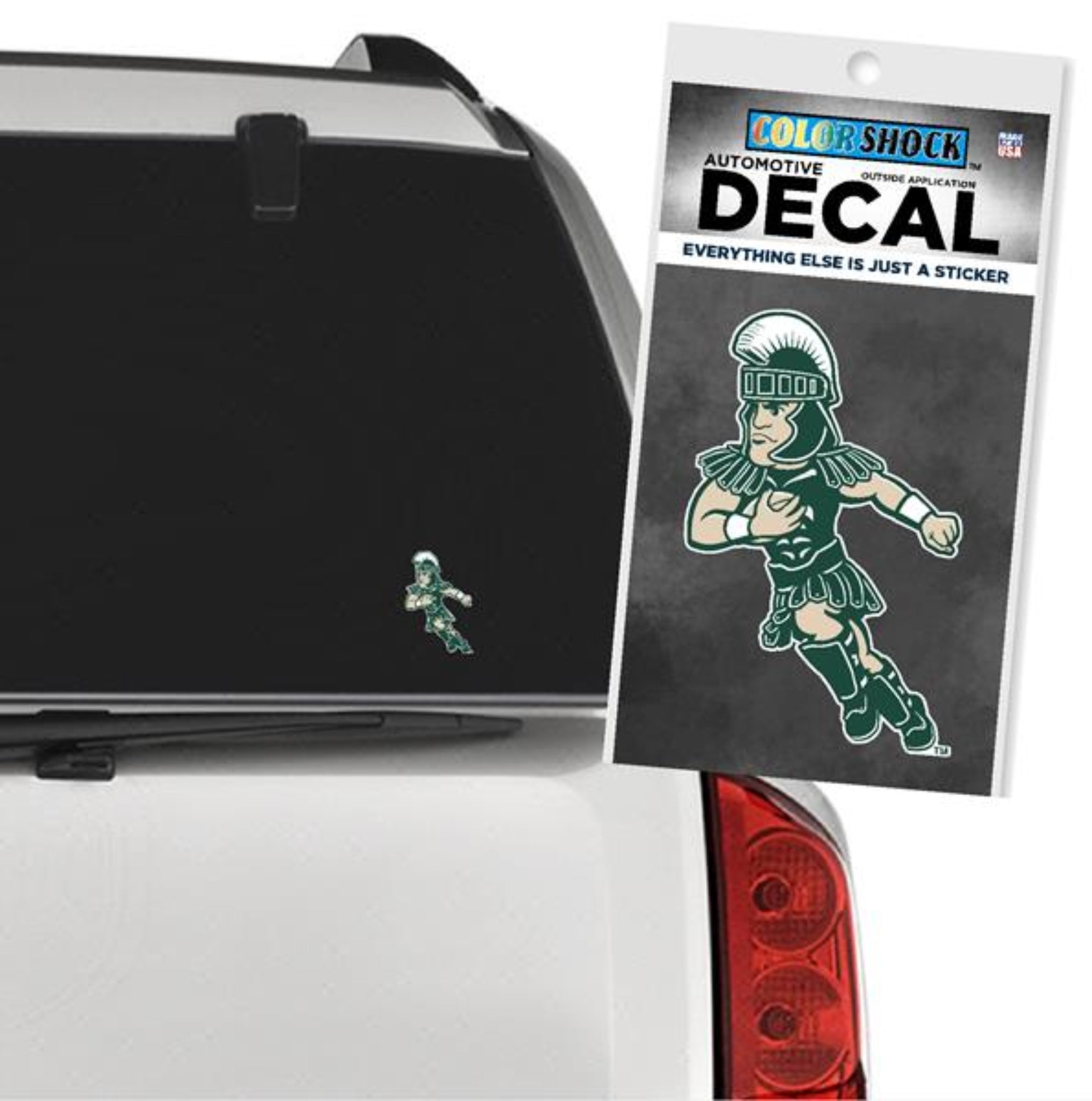 A car decal of Sparty playing football.