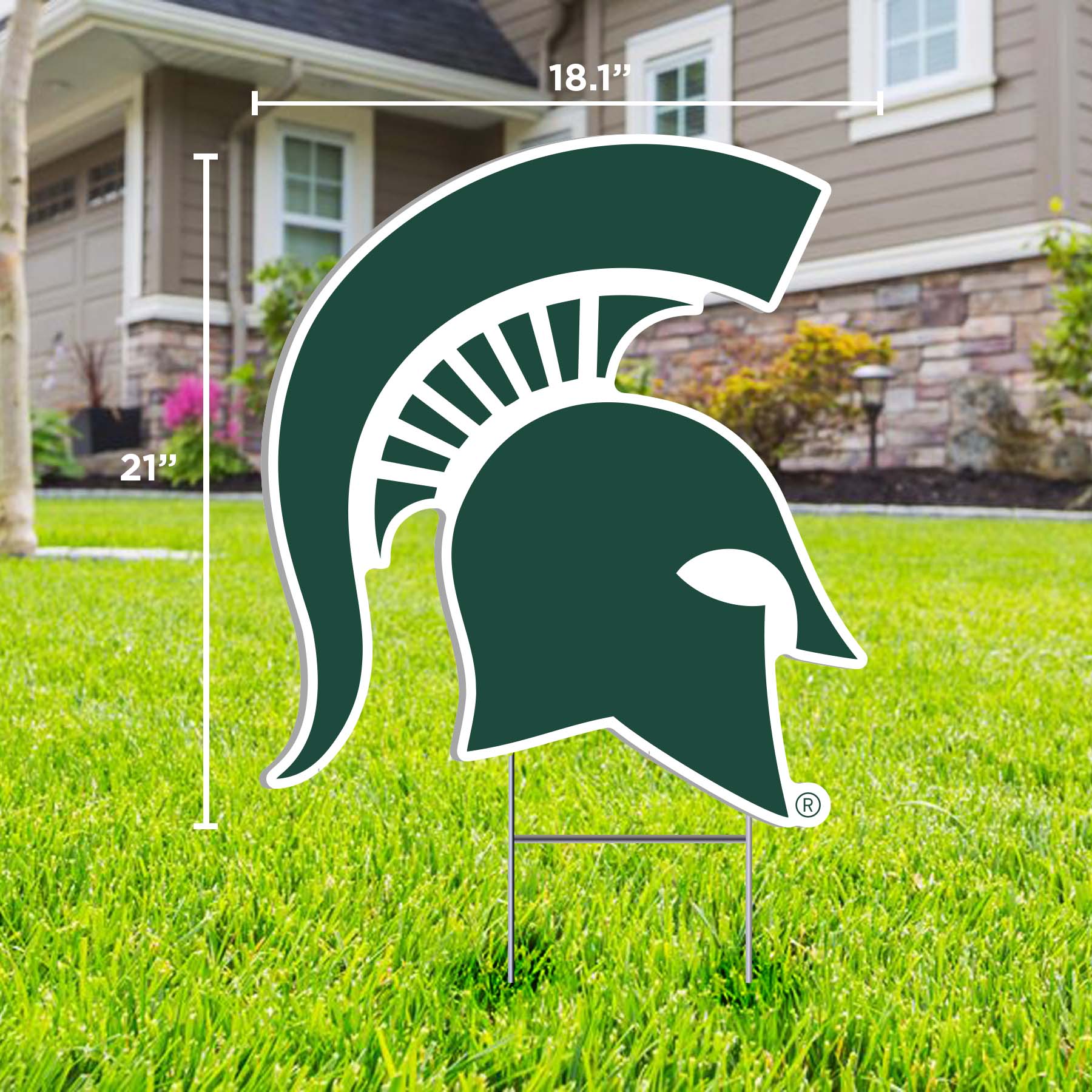A lawn sign featuring the Michigan State University Spartan helmet logo, placed on a lawn in front of a house.