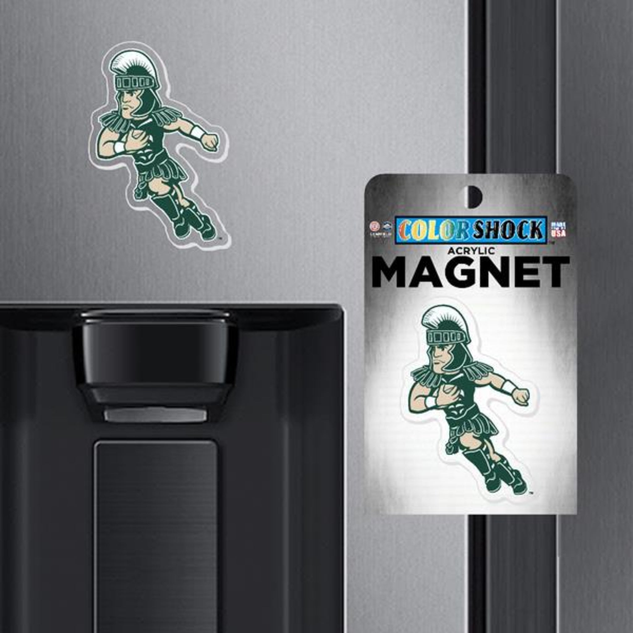 Football Sparty magnet placed on a refrigerator.