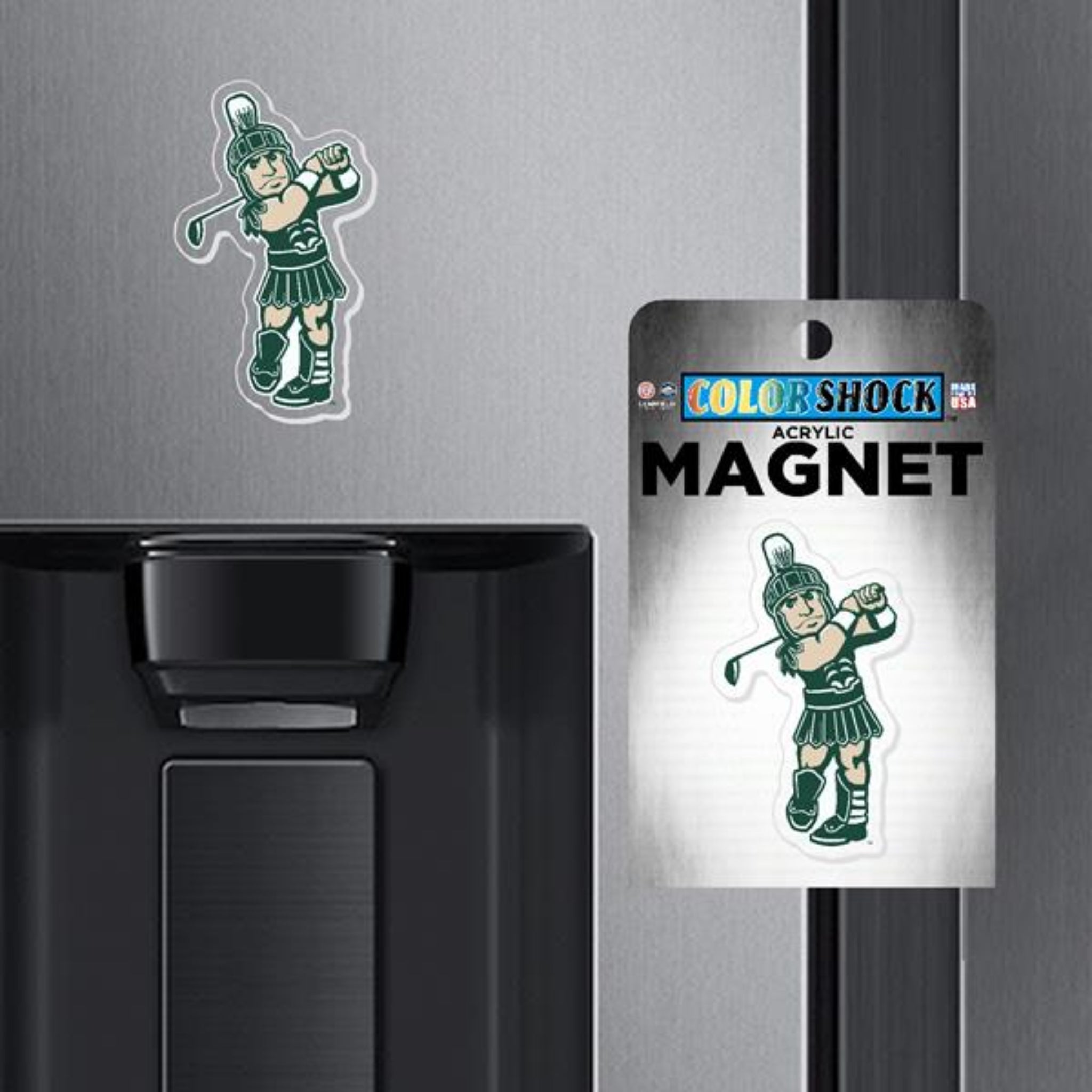 Golfing Sparty logo magnet placed on a refrigerator.