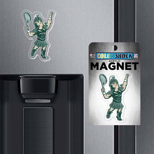 Tennis Sparty magnet placed on a refrigerator.