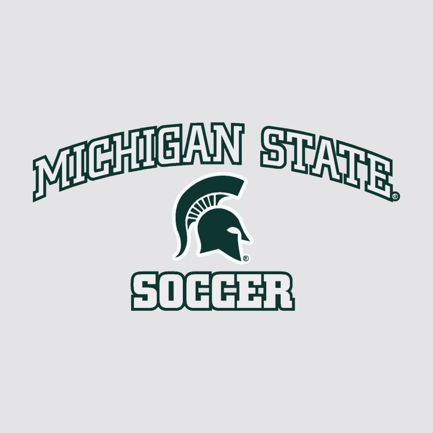 A decal that reads "Michigan State Soccer" in white around a green Spartan Helmet logo.