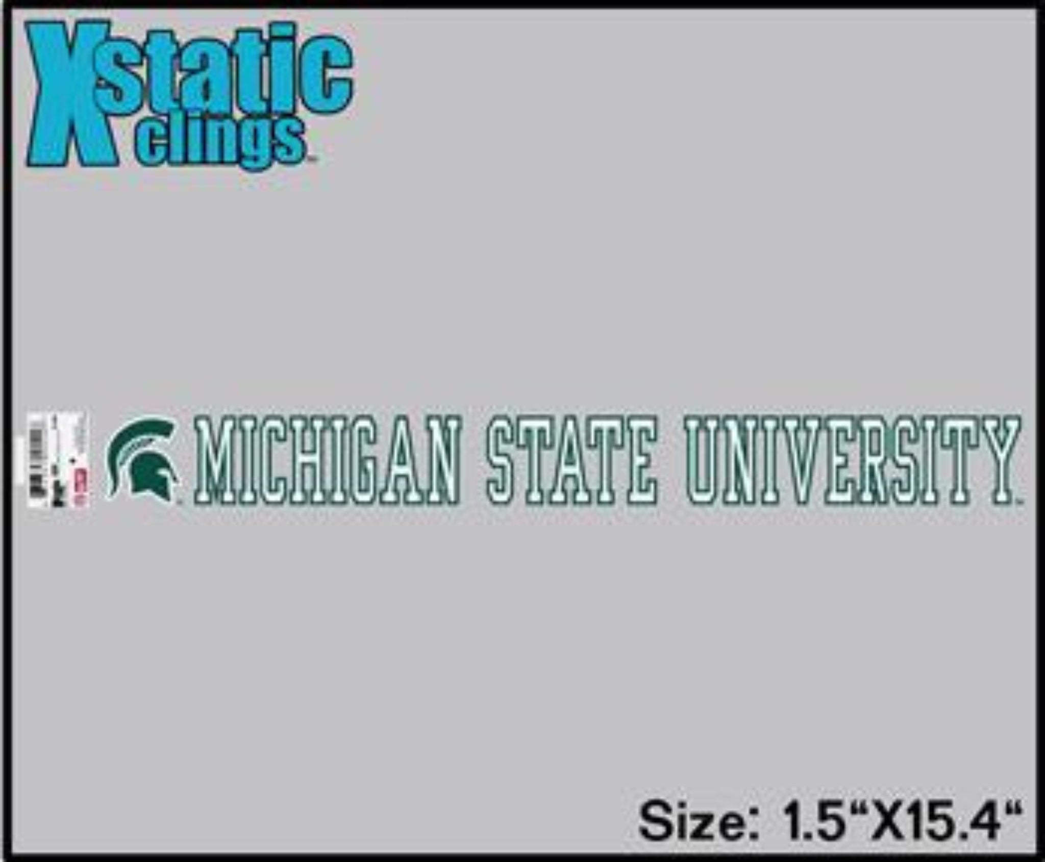 Decal that is white and outlined in green. Starts with Spartan Helmet and is followed by 'Michigan State University'.