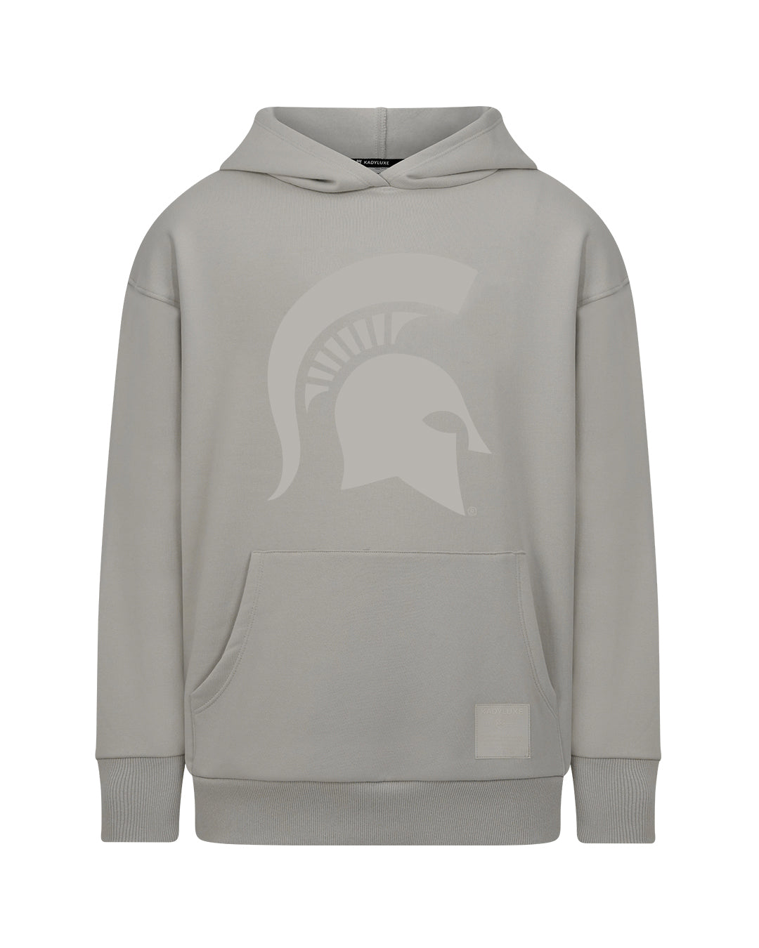 A gray hoodie with a light gray Spartan helmet logo in the center.