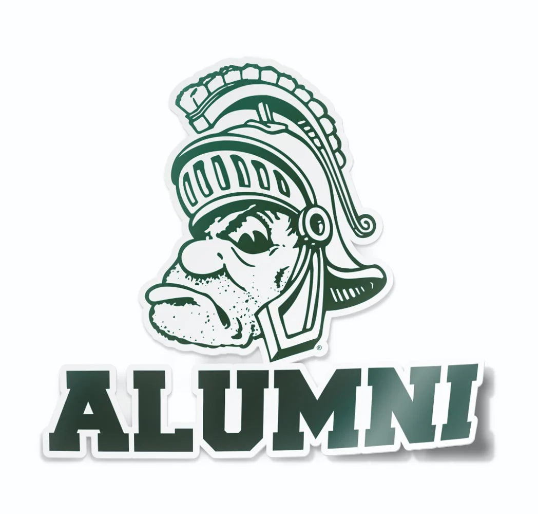 Green and white decal of Gruff Sparty and the word "Alumni" printed in green below.