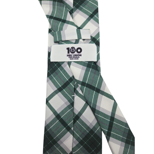 Green and white plaid tie with the Union 100 year anniversary label. Shown on a white background.