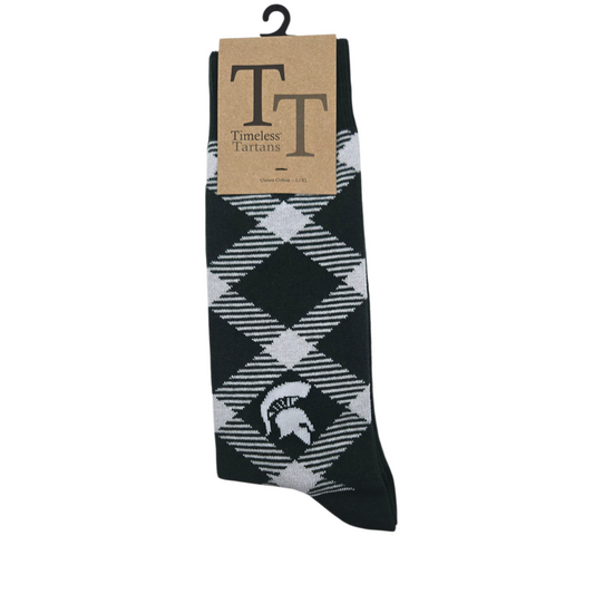 Green and white gingham sock with a Spartan Helmet logo and the Timeless Tartans label. Shown on a white background.