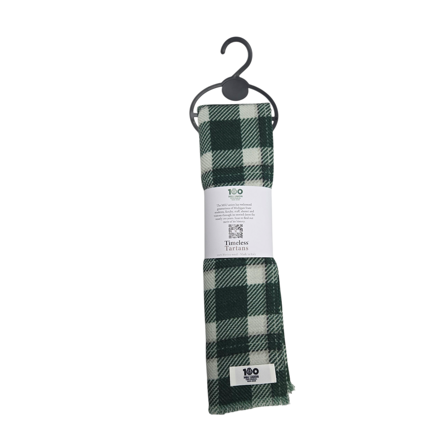 Green and white plaid wool scarf with the Union 100 year anniversary label on hanger with brand label. Shown on a white background.