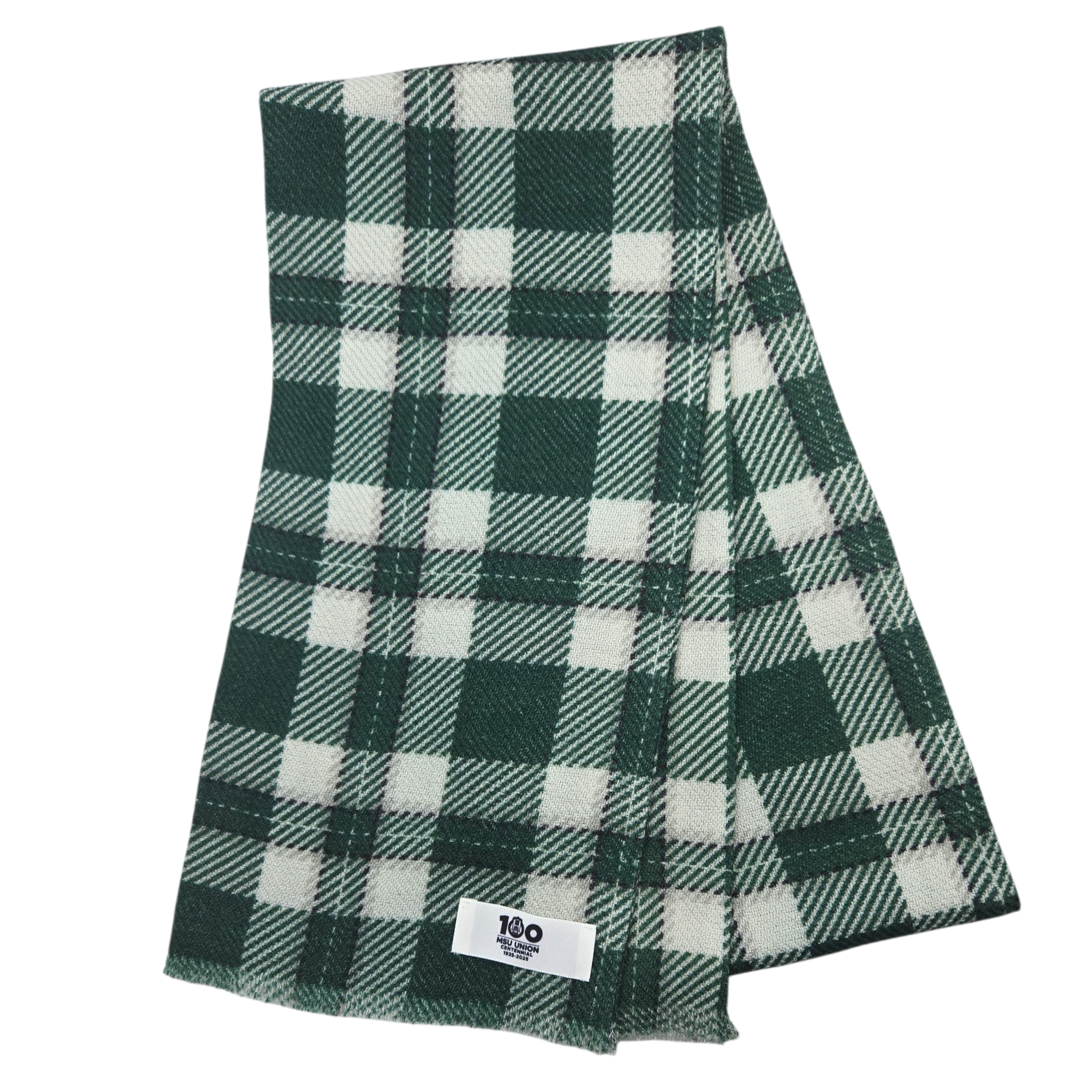 Green and white plaid wool scarf with the Union 100 year anniversary label. Shown on a white background