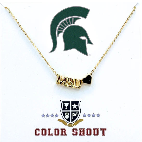 Gold necklace, plated in stainless steel 18k yellow gold that says "MSU" with a gold heart next to it.