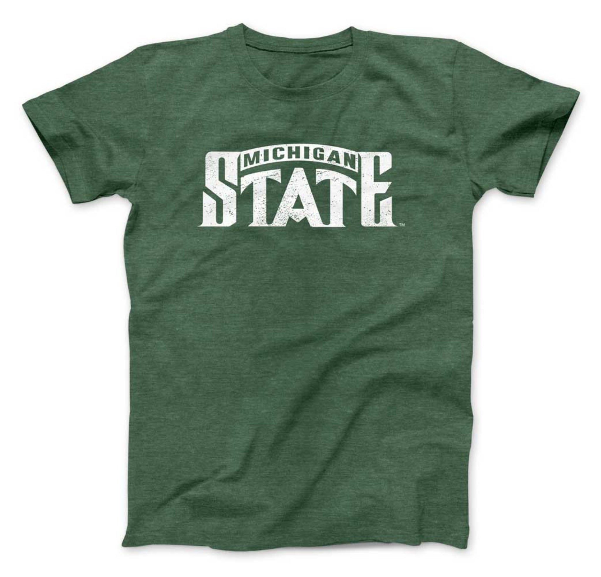A green short sleeved t-shirt with a vintage Michigan State logo on the chest in white.