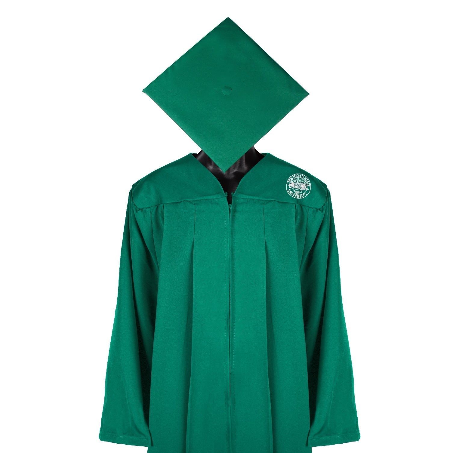 A green bachelor's gown with the Michigan State Seal embroidered on the left chest. Green graduation cap.