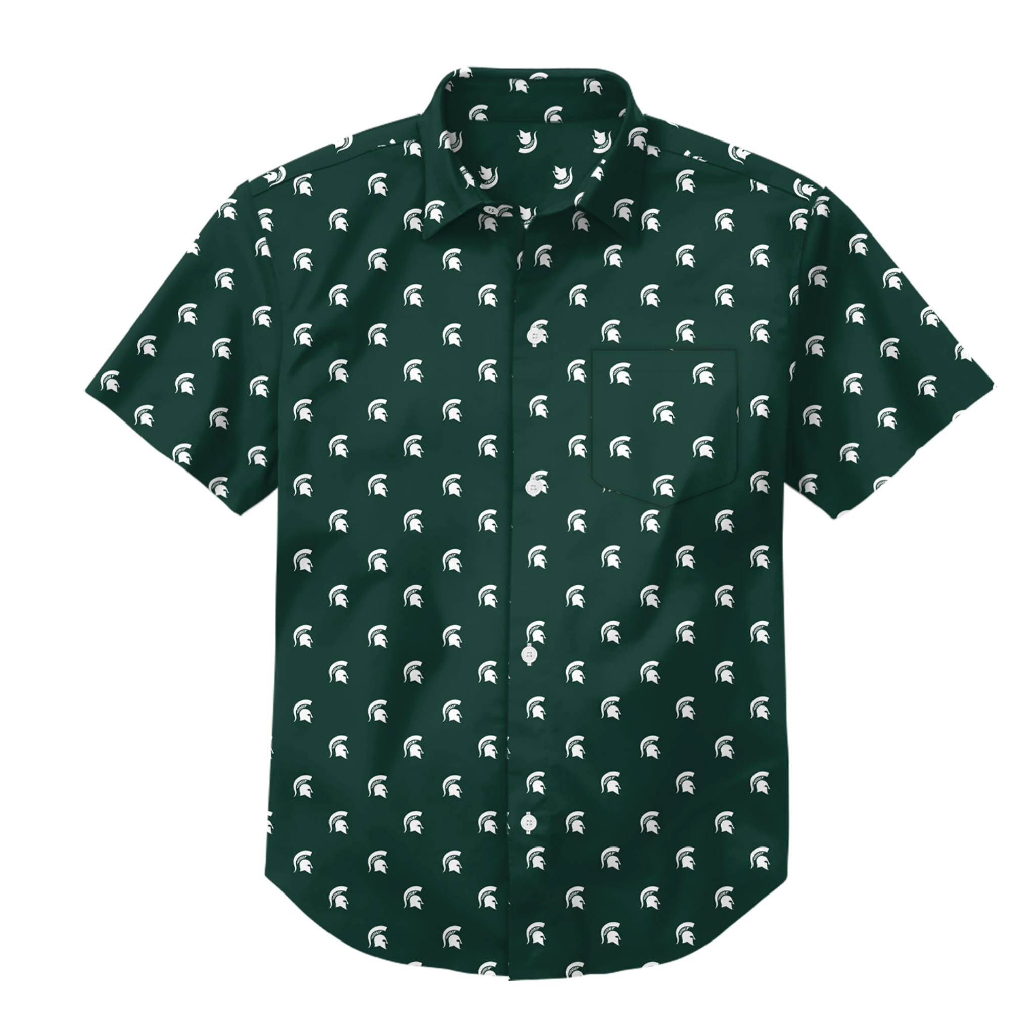 A green button-down shirt with an allover white Spartan helmet pattern.
