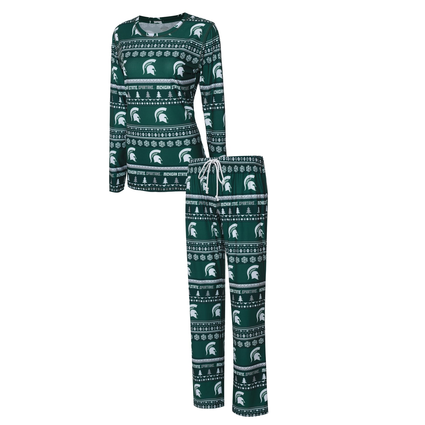 Women’s Michigan State Spartans dark green pajama set with long sleeve crewneck top and matching drawstring pants, featuring an all-over white festive pattern with Spartan Helmets, snowflakes, trees, and white text that reads "Michigan State Spartans."