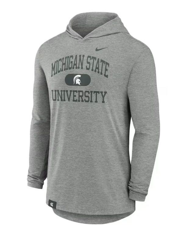 A gray hoodie with the words "Michigan State University" in green and a white Spartan helmet in the middle.