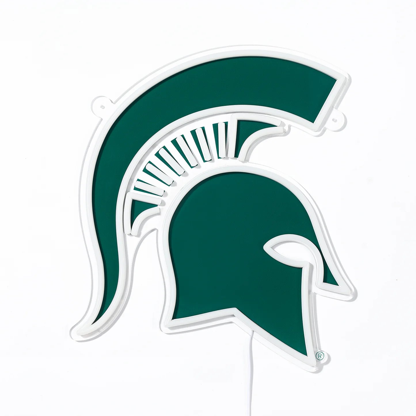 Front, flat view of a Spartan helmet LED neon wall sign. The Spartan helmet is green and outlined LED lights. Shown on a white background.
