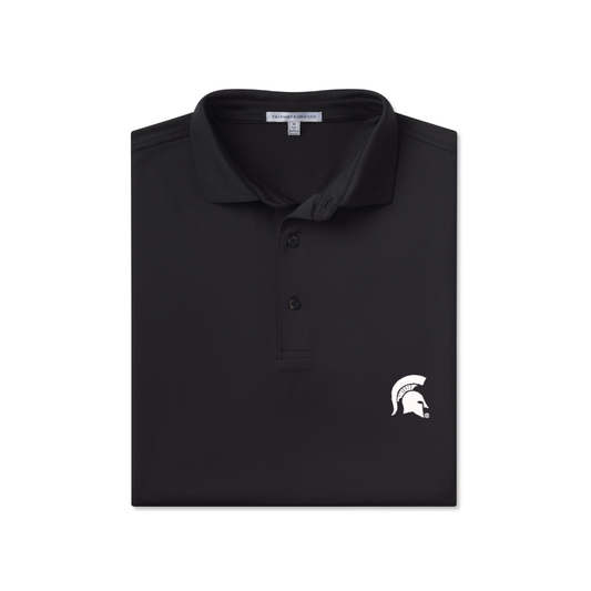 Black polo. Embroidered on left chest is a white Spartan helmet.