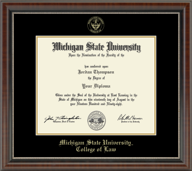 The diploma is displayed in a dark wood frame with gold accents and a black matte. 'Michigan State University, College of Law' is printed in gold lettering at the bottom of the frame.