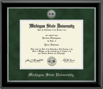 Black diploma frame with silver inner lining. Green suede matts with silver lining around opening for diploma. Silver engraved Michigan State University seal at top of matting. In silver letters 'Michigan State University' at the bottom of matting.