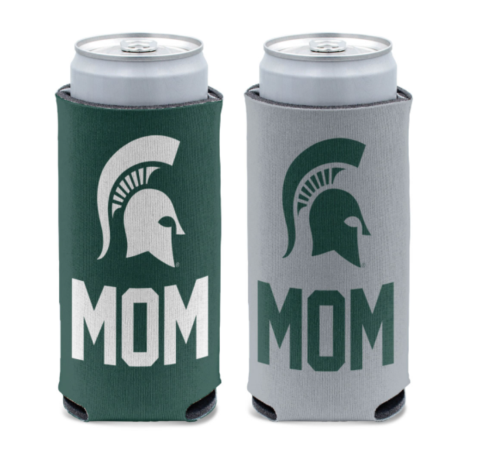 Two can coolers, one green and one gray, each with ' MOM ' text and a Spartan helmet logo on them.