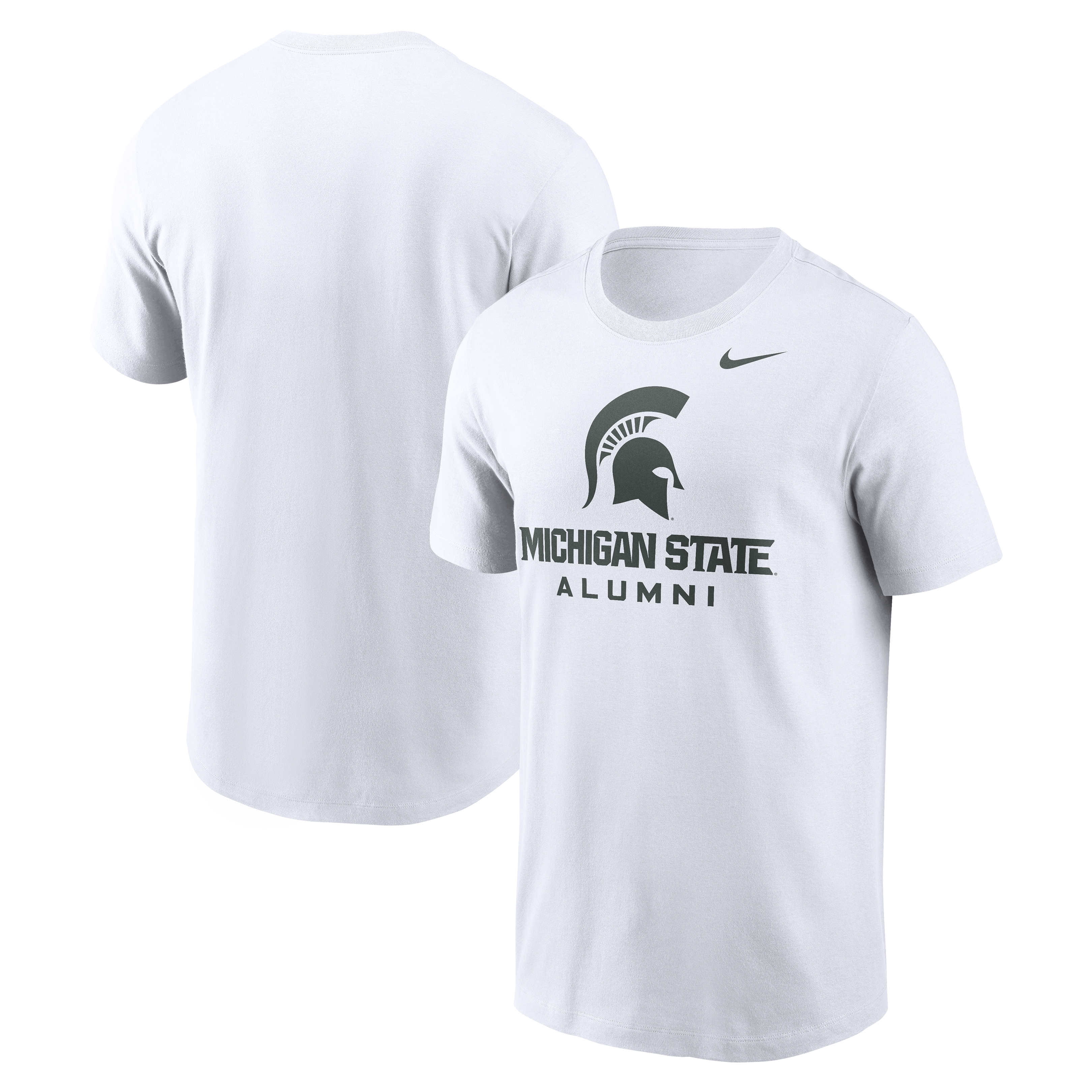 White T-shirt with a green 'Michigan State Alumni' wordmark in the center of the shirt, Spartan helmet logo above it, and the Nike logo on the left upper chest. The back of the T-shirt is plain white.