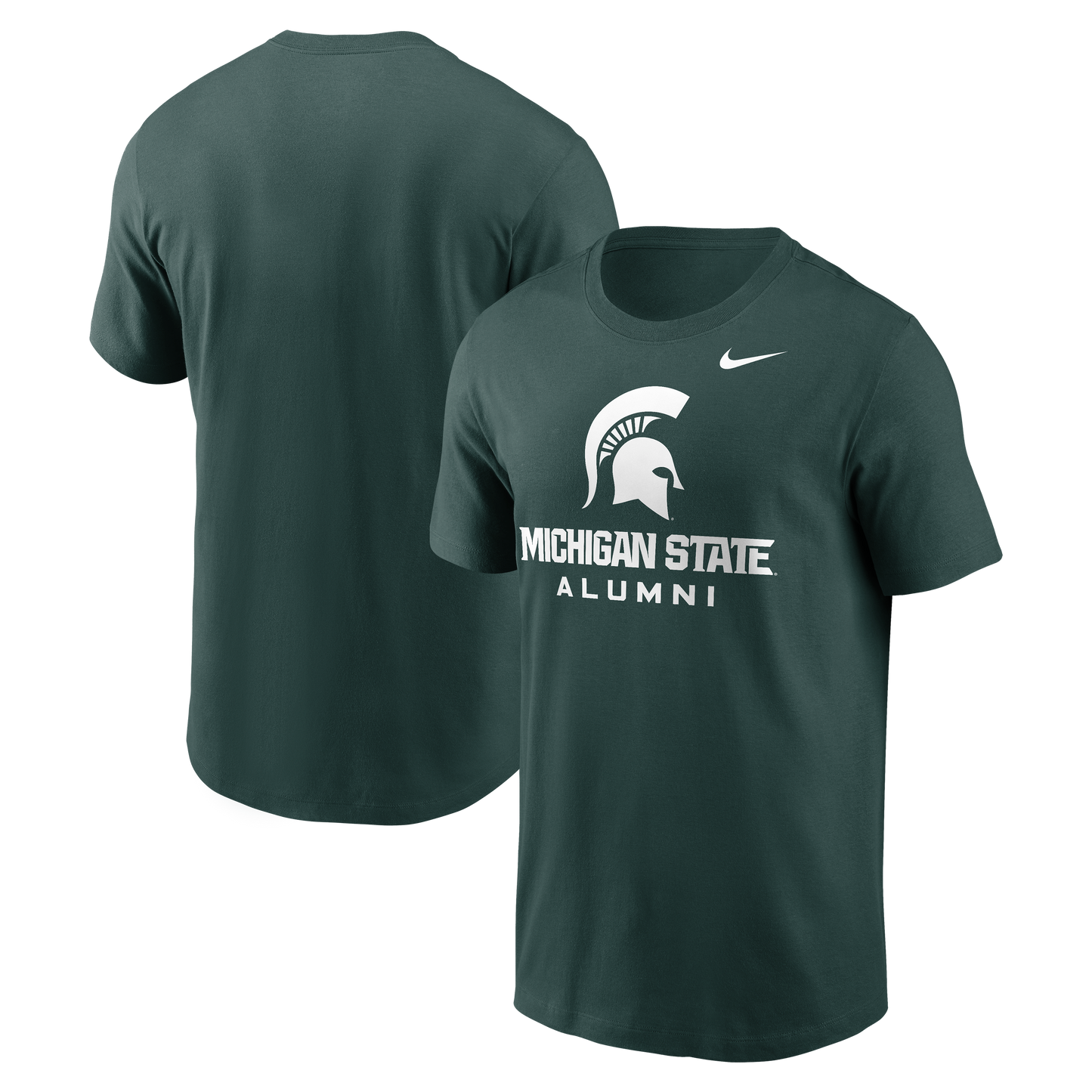 Green T-shirt with a white 'Michigan State Alumni' wordmark in the center of the shirt, Spartan Helmet logo above it, and the Nike logo on the left upper chest. The back of the T-shirt is plain green.