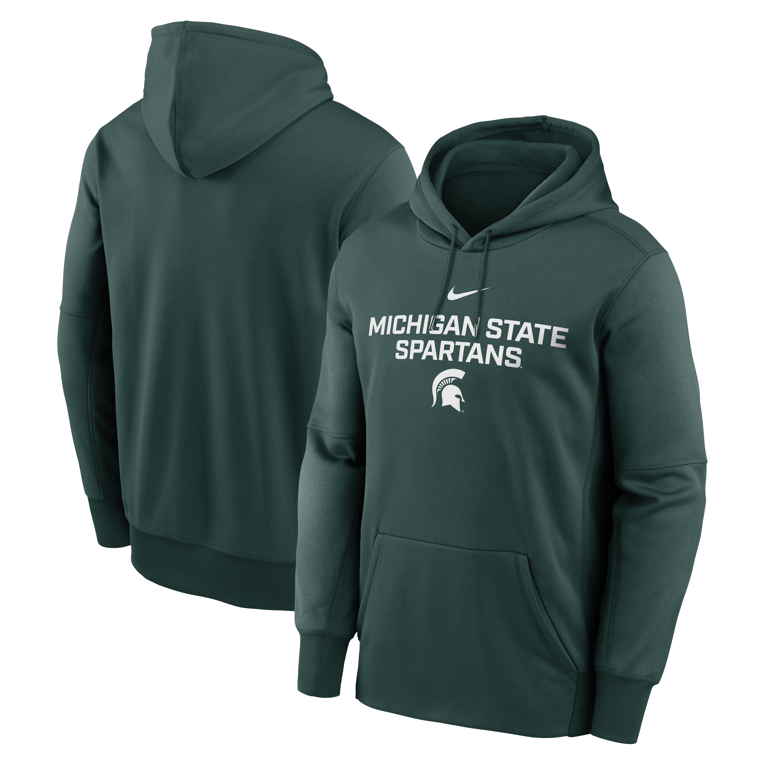 Green drawstring hoodie with a white Nike logo at the top, a Michigan State Spartans wordmark under it in white, and a Spartan helmet logo in white below the wordmark. Cuffed sleeves and kangaroo pocket.