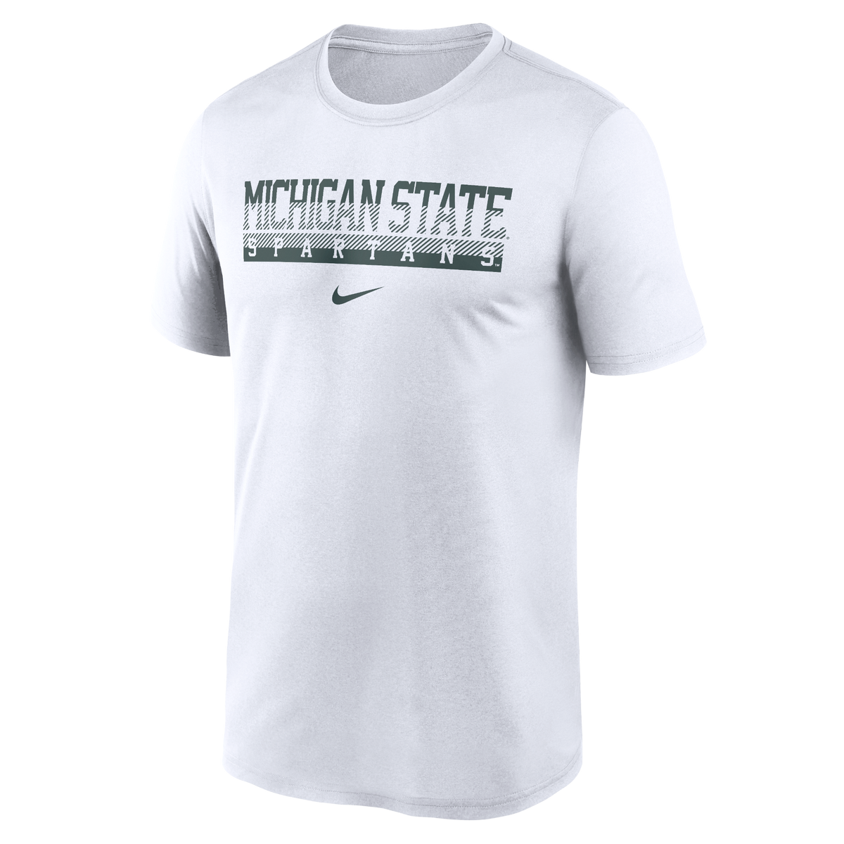 White Nike short-sleeve T-shirt featuring a distressed dark green “MICHIGAN STATE SPARTANS” wordmark centered across the chest. The design includes diagonal stripe detailing through the lettering, with a dark green Nike Swoosh logo positioned below the text.