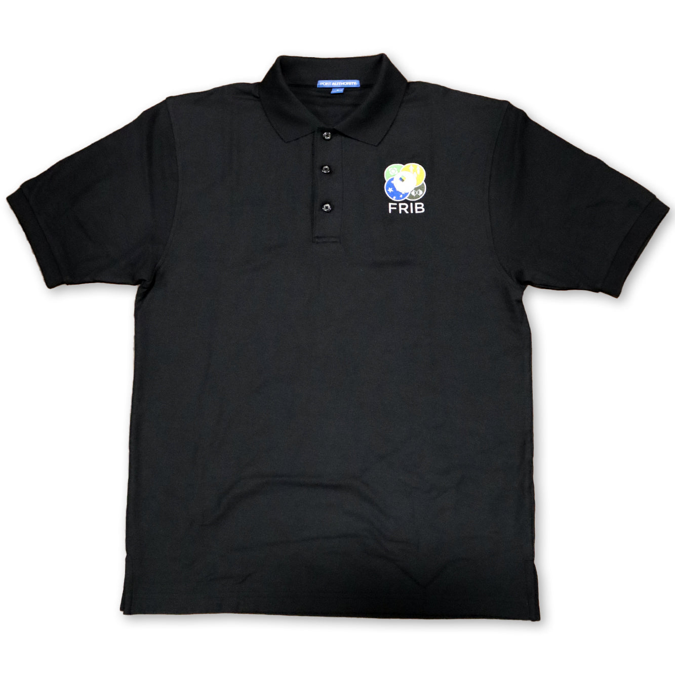 Black three-button short sleeve polo shirt with the full-color FRIB logo embroidered on the upper left chest and a white 'FRIB' wordmark below it. Shown on a white background.
