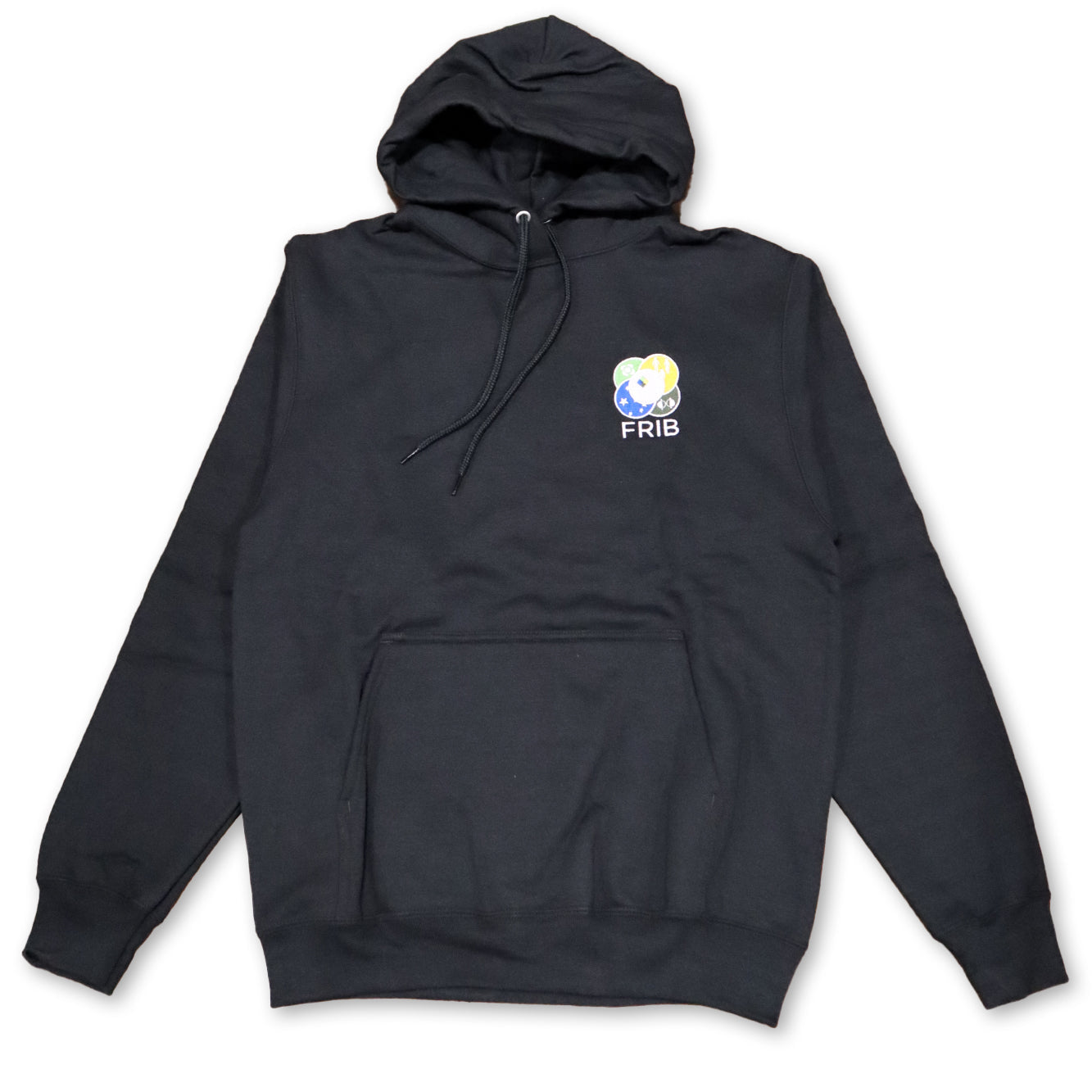 Black hooded drawstring sweatshirt with the full-color FRIB logo embroidered on the upper left chest and a white 'FRIB' wordmark underneath it. The hood's drawstrings are also black, and there is a large two hand pocket spanning the lower torso. Shown on a white background.