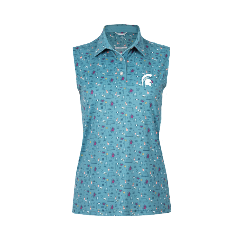 Sleeveless blue polo with a three-button placket, colorful pattern, and white Spartan Helmet logo on the upper left chest.