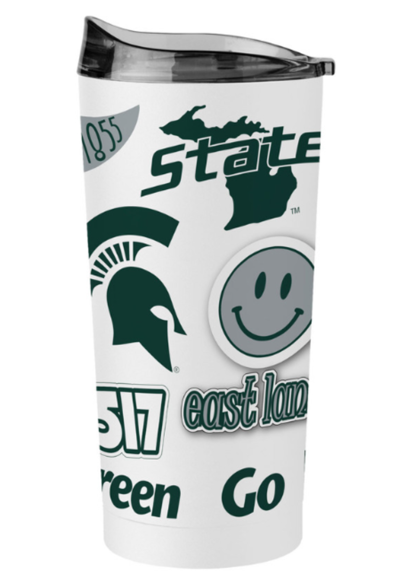 A white tumbler covered in green and gray icons representing MSU and East Lansing.