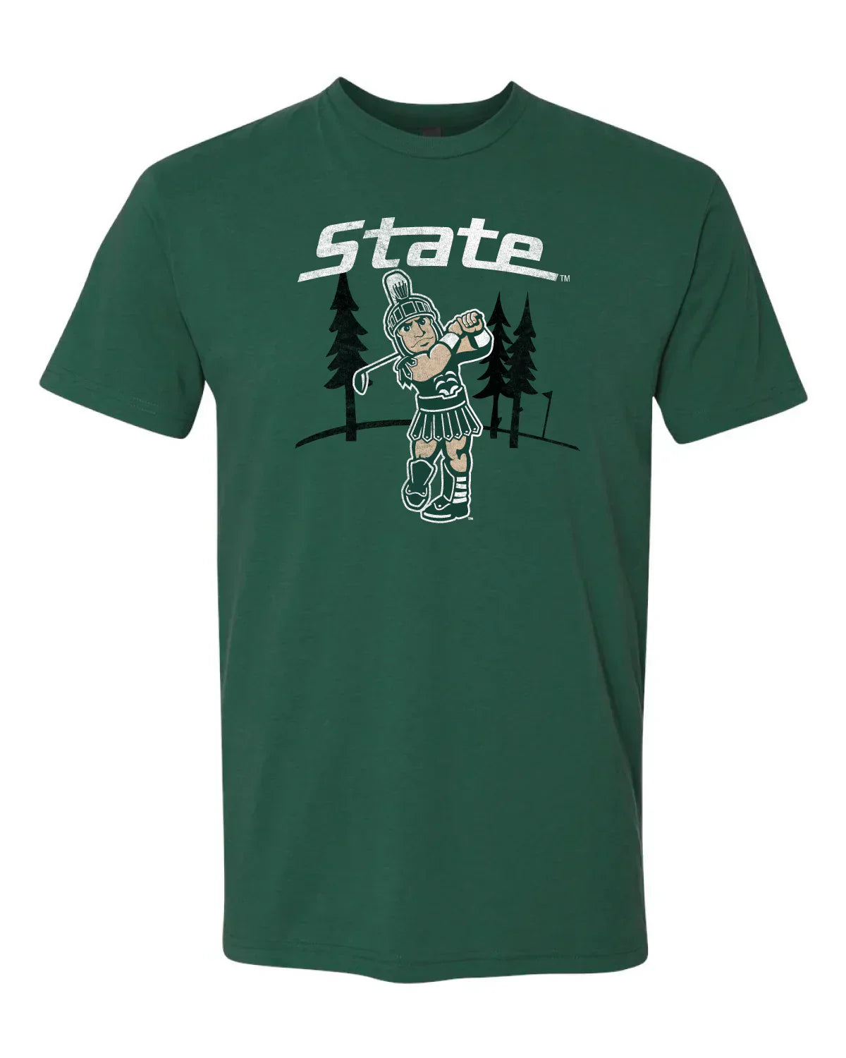 A green t-shirt with a white "State" wordmark above a graphic of Sparty golfing in front of some pine trees.